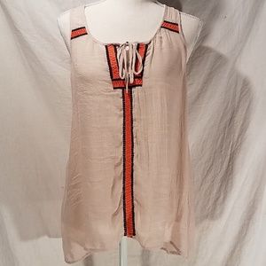 THML Tank semi sheer flowy L tan w/ navy orange